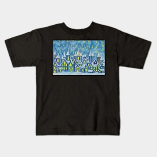 Fairy winter town in blue colours Kids T-Shirt